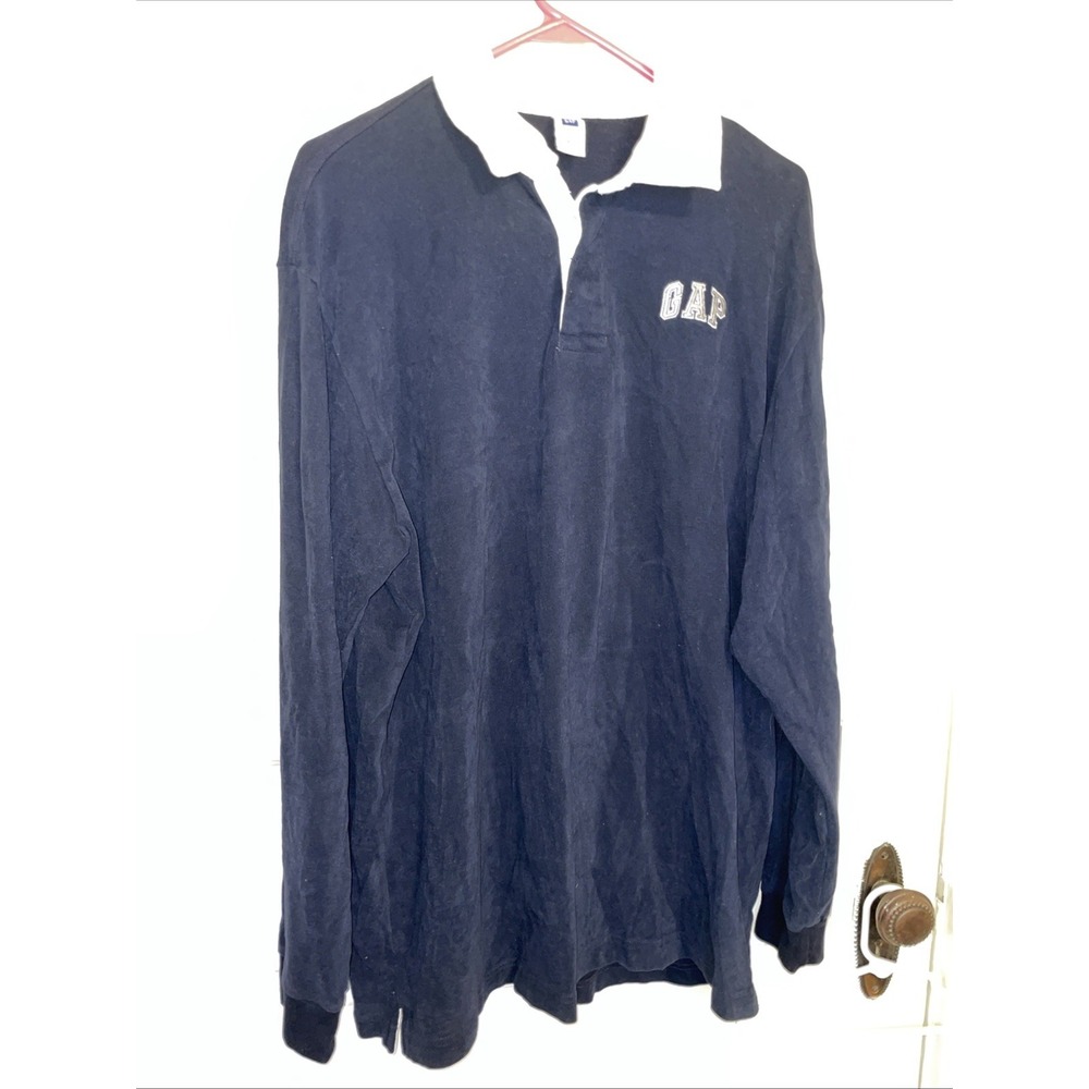 Vintage Navy Long Sleeve White Collared Cotton Henley Shirt Gap XL Logo